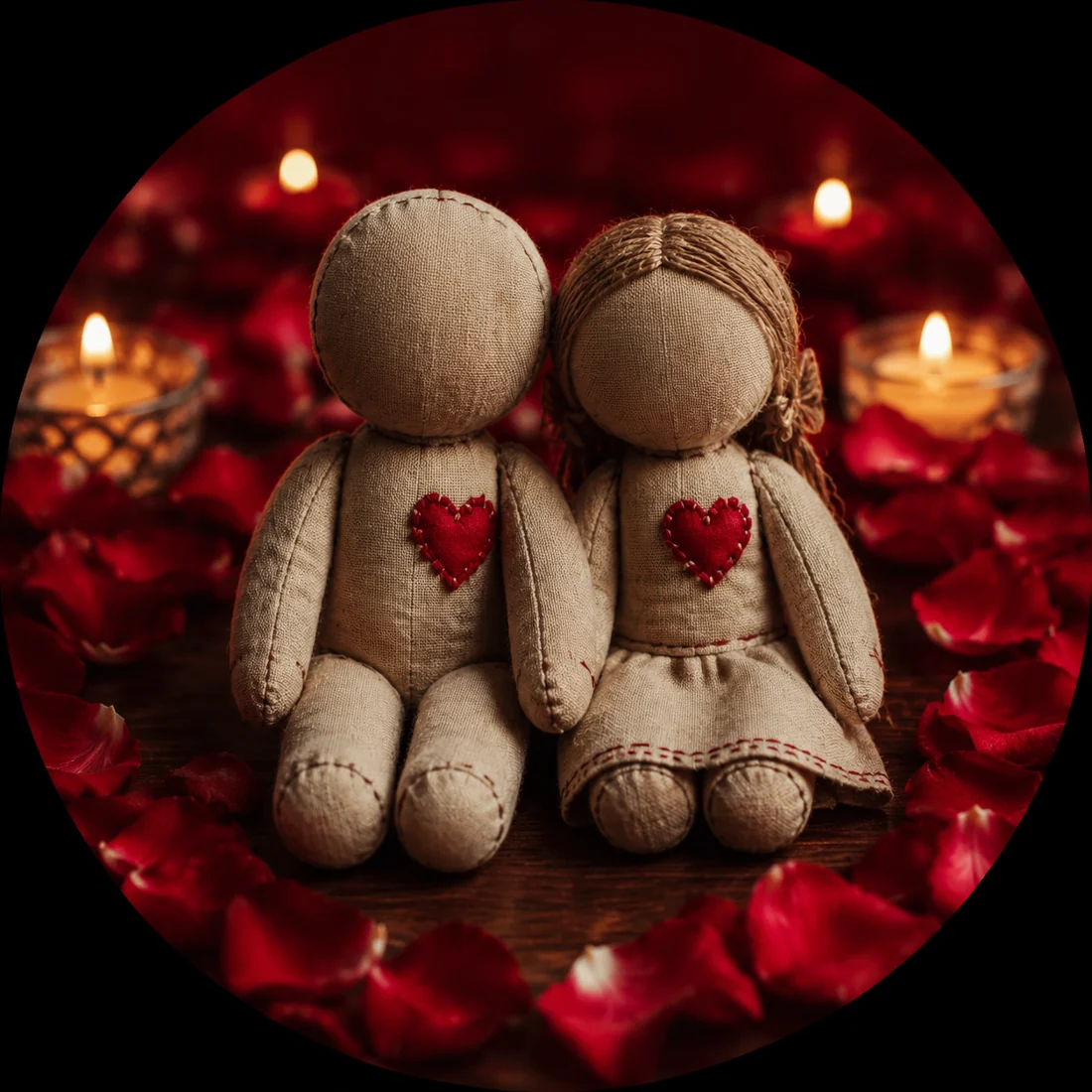 Figuras de pareja entre rosas rojas y velas
