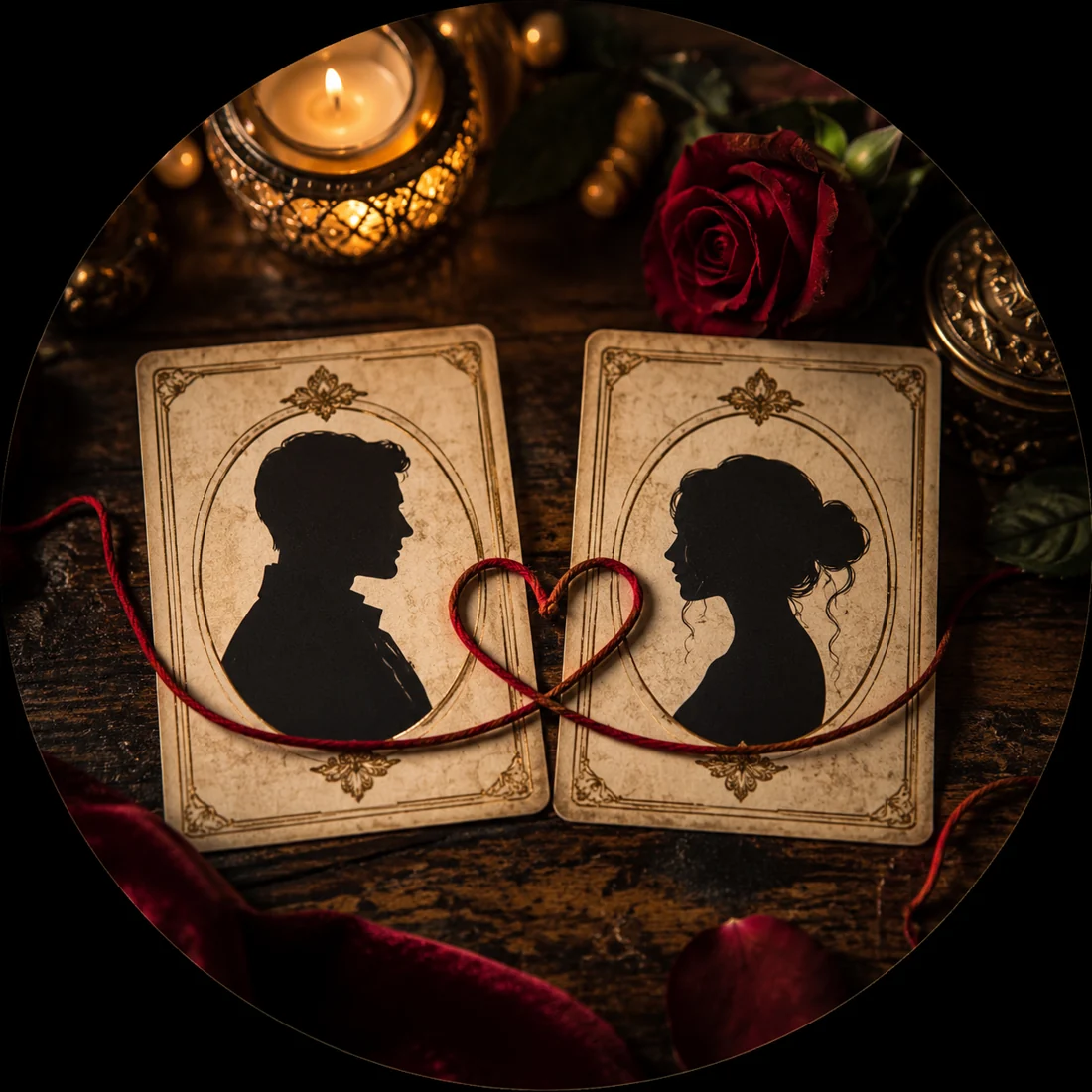 Composición de siluetas de pareja e hilo rojo