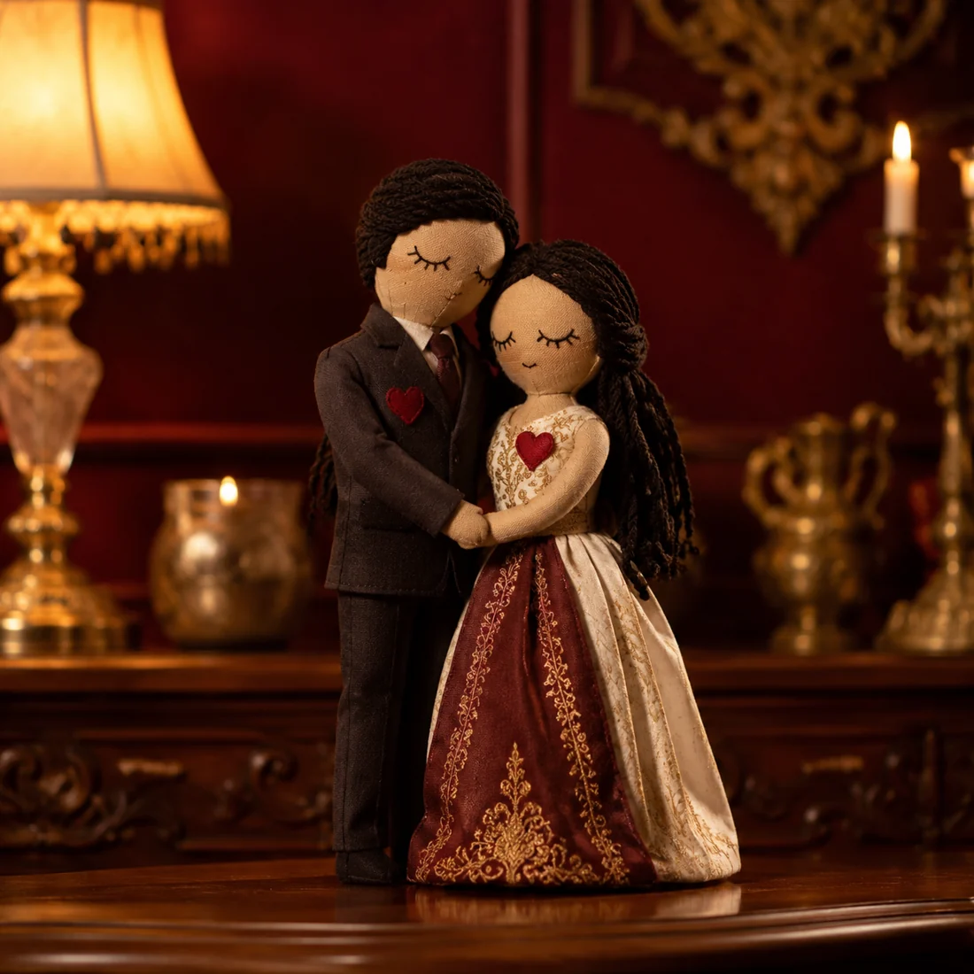 Figuras de una pareja unidas con hilo rojo junto a velas